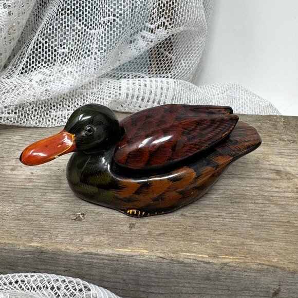 Vintage Hand-Painted Duck Trinket Box With Removable Lid, Glass Eyes - Picture 1 of 7